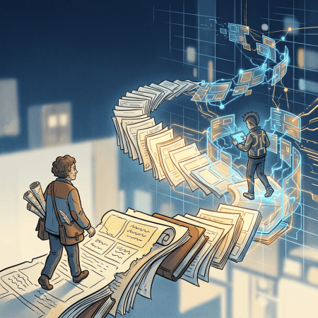Researcher walking across open books toward interconnected digital documents