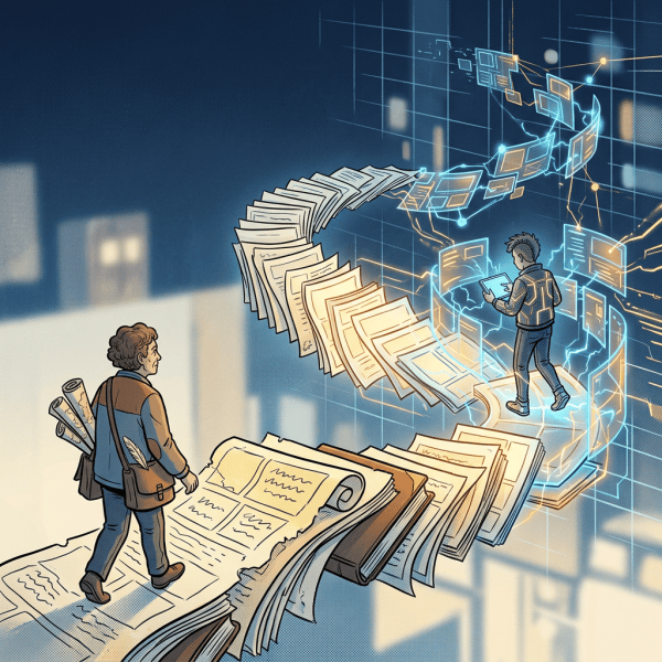Researcher walking across open books toward interconnected digital documents