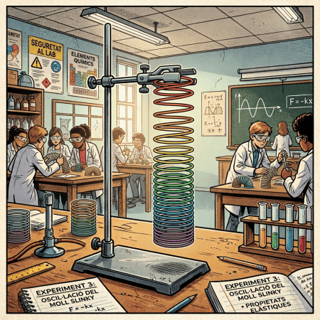 Colorful Slinky oscillating in a laboratory experiment with students