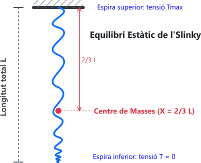 Diagrama que mostra l'equilibri estàtic d'un Slinky amb la tensió de l'espira superior Tmax i la tensió de l'espira inferior T = 0. Es destaca el centre de masses a X = 2/3 L.